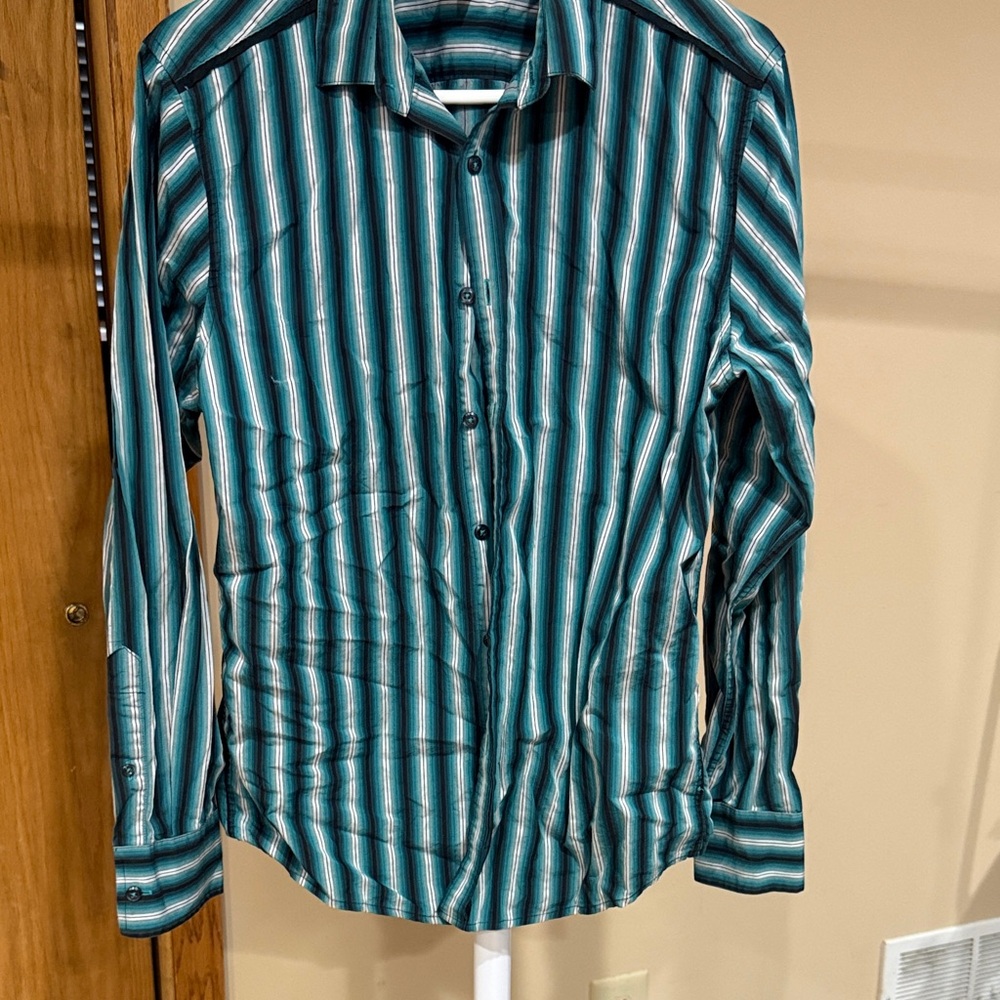 Green and White Striped Button-Up Shirt